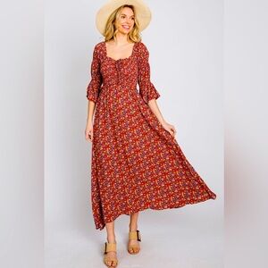 Shop Neighbor- Red Floral Smocked 3/4 Sleeve Maxi Dress. Size M